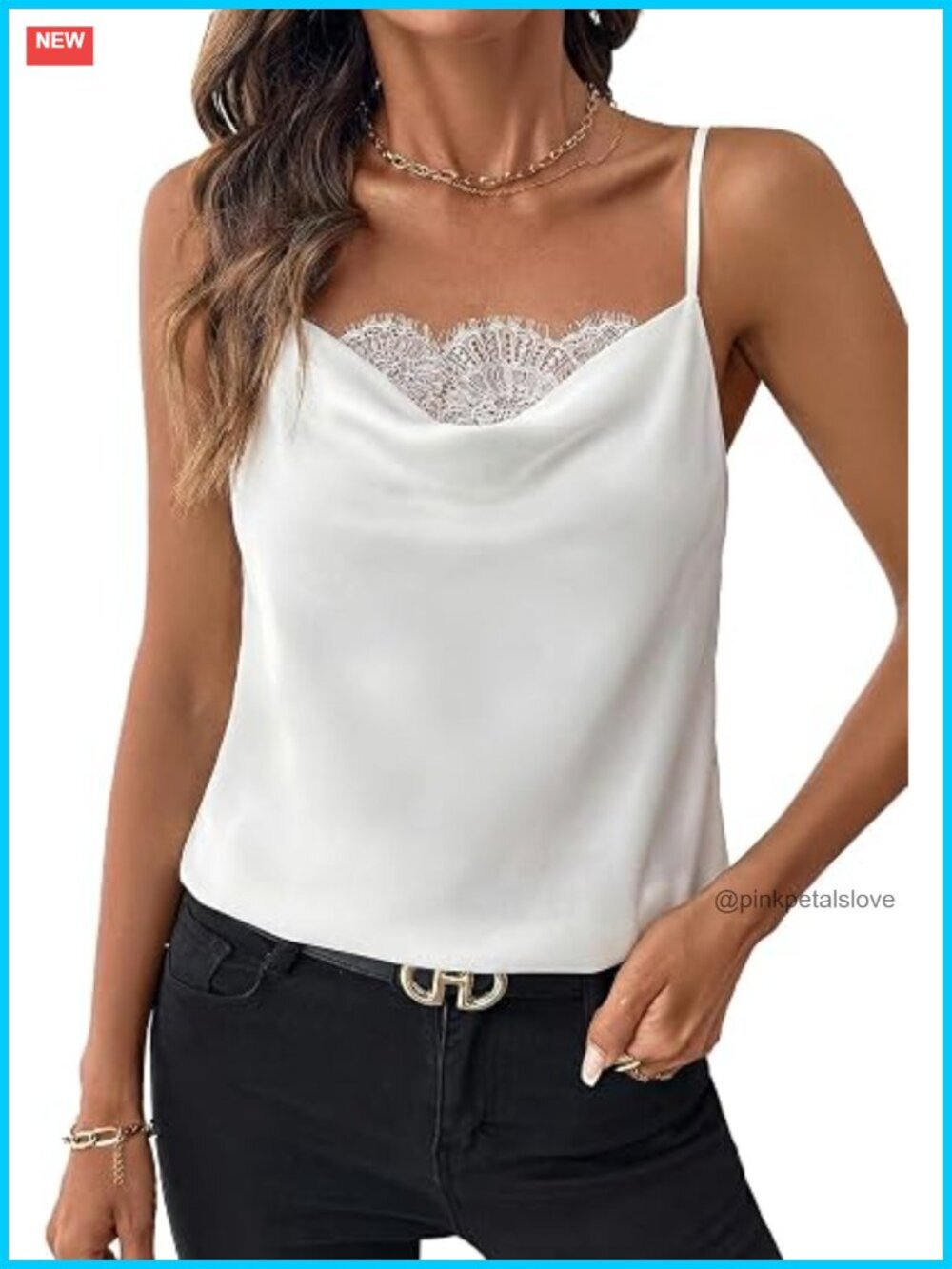 Satin Cowl Neck Cami with Lace Bust - Adjustable Straps
